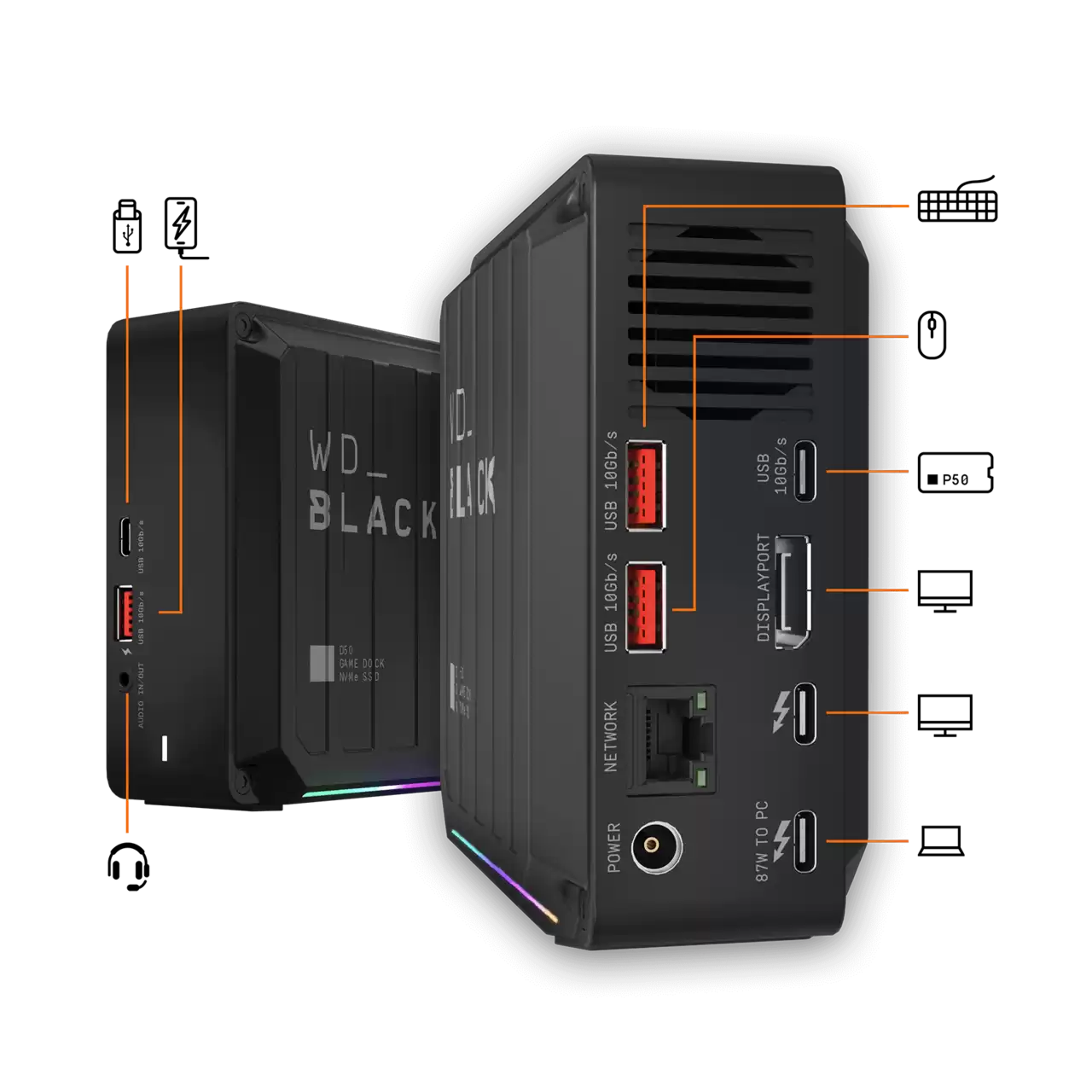 WD Black D50 NVMe Thunderbolt 3 Game Dock Lockup with Icons- Zoom Image